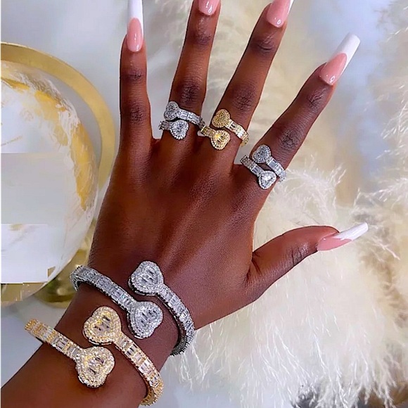 Open Heart Silver Baguette Iced Out Cubic Zircon Diamond Bangle Cuff Bracelet - Picture 12 of 13